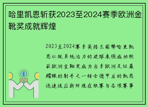 哈里凯恩斩获2023至2024赛季欧洲金靴奖成就辉煌