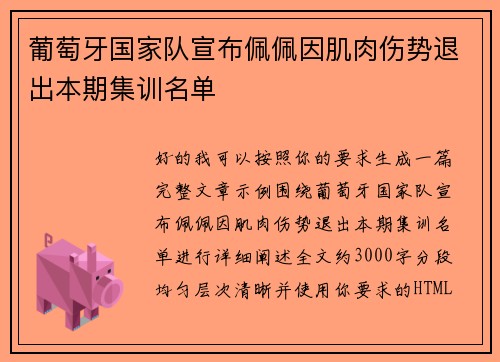 葡萄牙国家队宣布佩佩因肌肉伤势退出本期集训名单